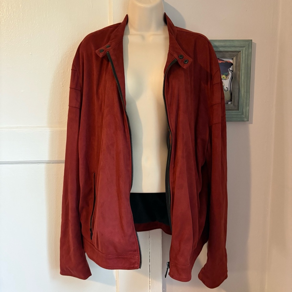 Zara Red Jacket Zip Up Outerwear Suede Texture